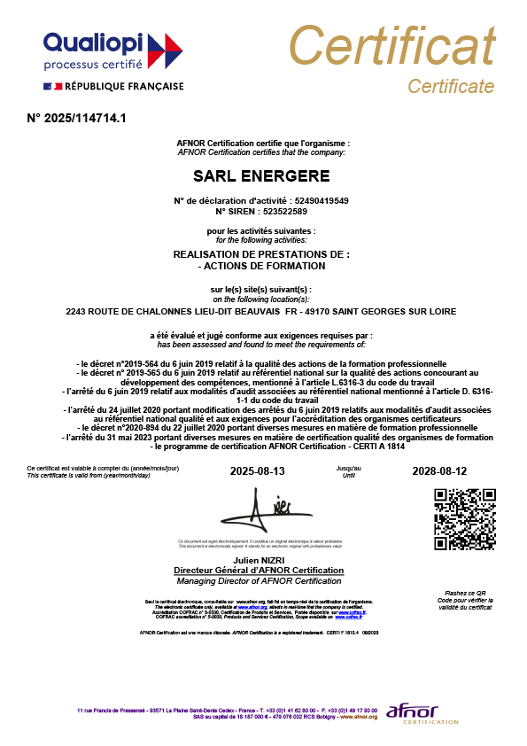Certificat Qualiopi délivré par Afnor Certification à Énergère.